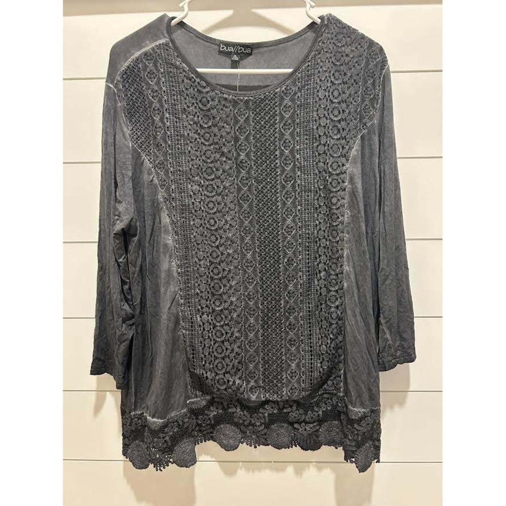 Charcoal Gray Women's Lace Trim 3/4 Sleeve Blouse NWT Boho Artsy Langanlook